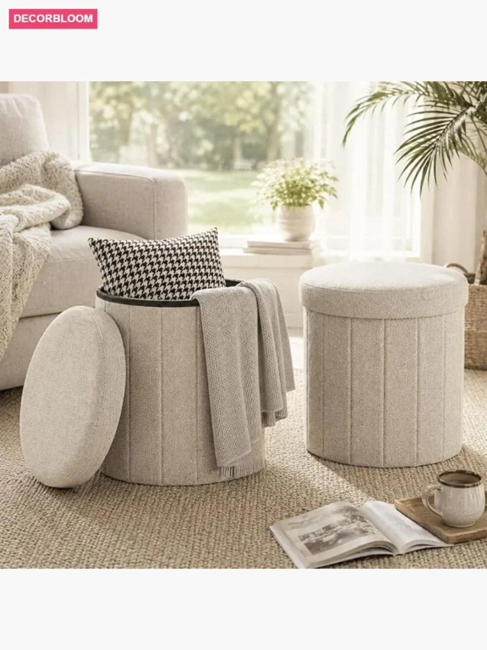 Round Storage Ottoman with Lid, Foldable Linen Bench, Large Hidden Storage,